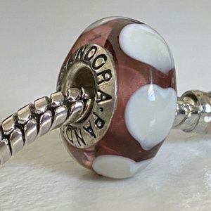 PANDORA Silver 925 ALE Murano Glass Screw Core White Hearts on the Purple Bead